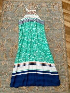 Prana Striped Maxi Dress in White, copper & Teal